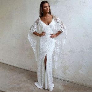 White Lacey Elegant Backless Evening Dress